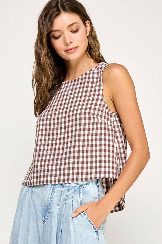 The Ginny Gingham Linen Tank: Mocha Brown
