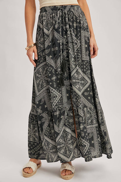 BOHO PRINT TIERED BUTTON DOWN FRONT MAXI SKIRT: ASH