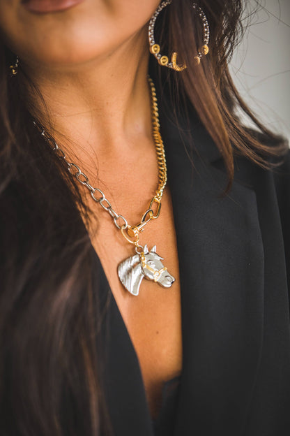 18" 18K Two Toned Plated Chain Necklace with Horse Pendant