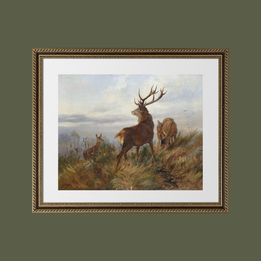 Deer at Dawn Antique Art Print