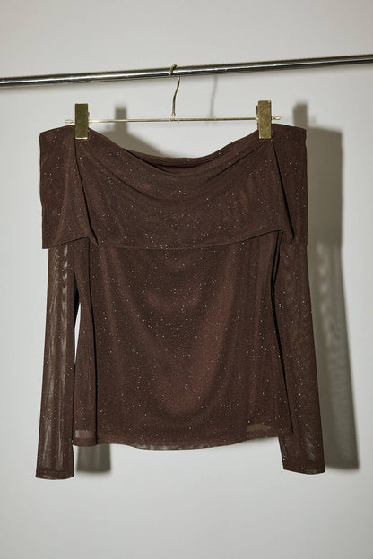 Grove Off Shoulder Long Sleeve Metallic Top: Brown