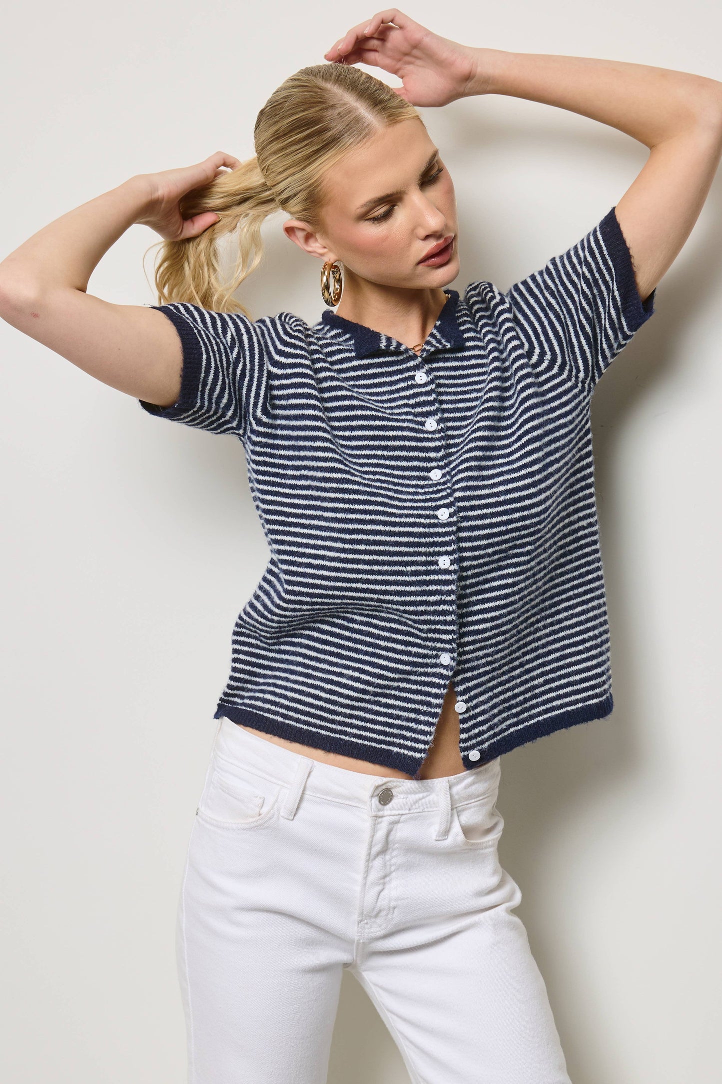 Mae Striped Short Sleeve Button Cardigan: Navy