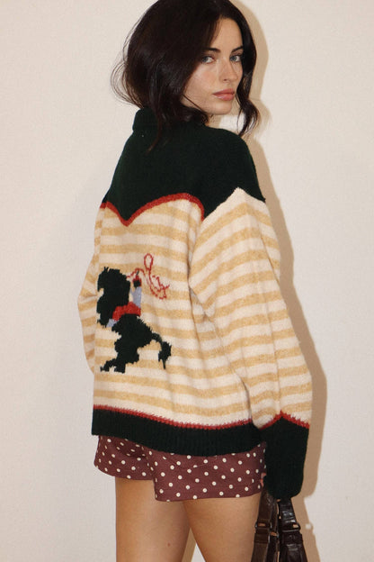 Ryder Stripe Horse Zip Knit Sweater: Forest Green