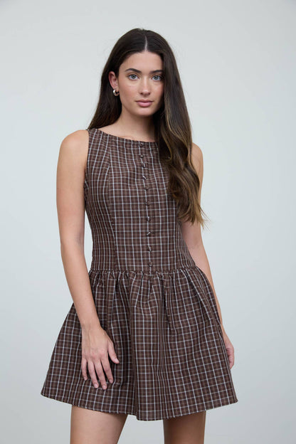 Remi Plaid Boat Neck Mini Dress: Brown Plaid