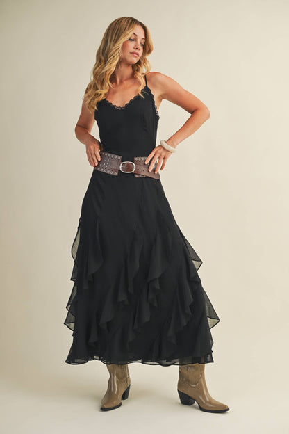Lace V-Neck Cascading Ruffle Dress: Black / S