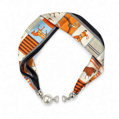 Satin Twilly Scarf Necklace with Jeweled Magnetic Clasp: Luxe Equestrian Print