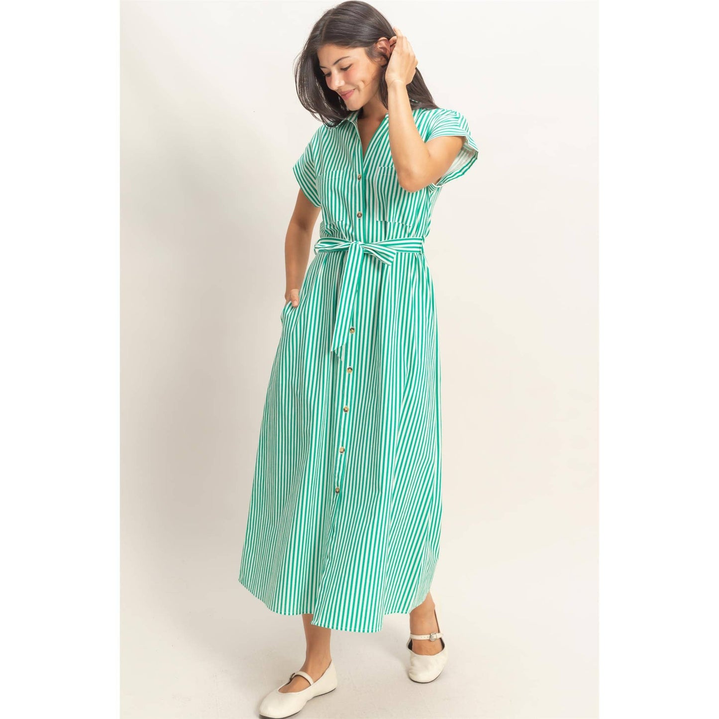 Lucky Striped Poplin Belted Shirt Dress With Pockets: GREEN