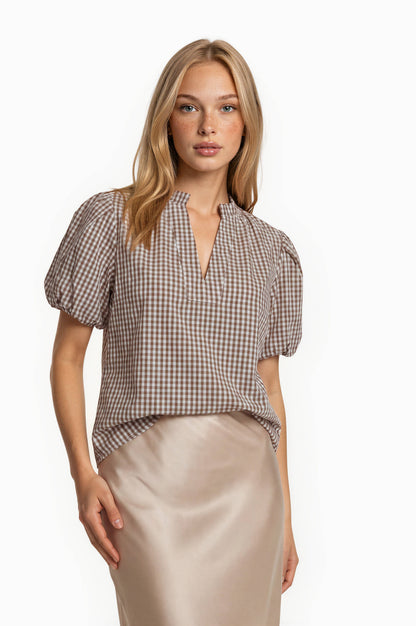 Millie Gingham Split-Neck Puff Sleeve Blouse: Cream & Caramel