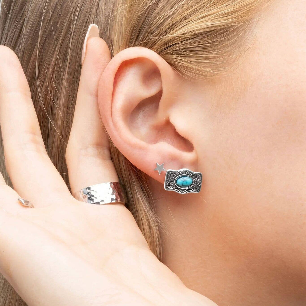Solvane Turquoise Stone Buckle Non-Tarnish Stud Earrings: Stainless