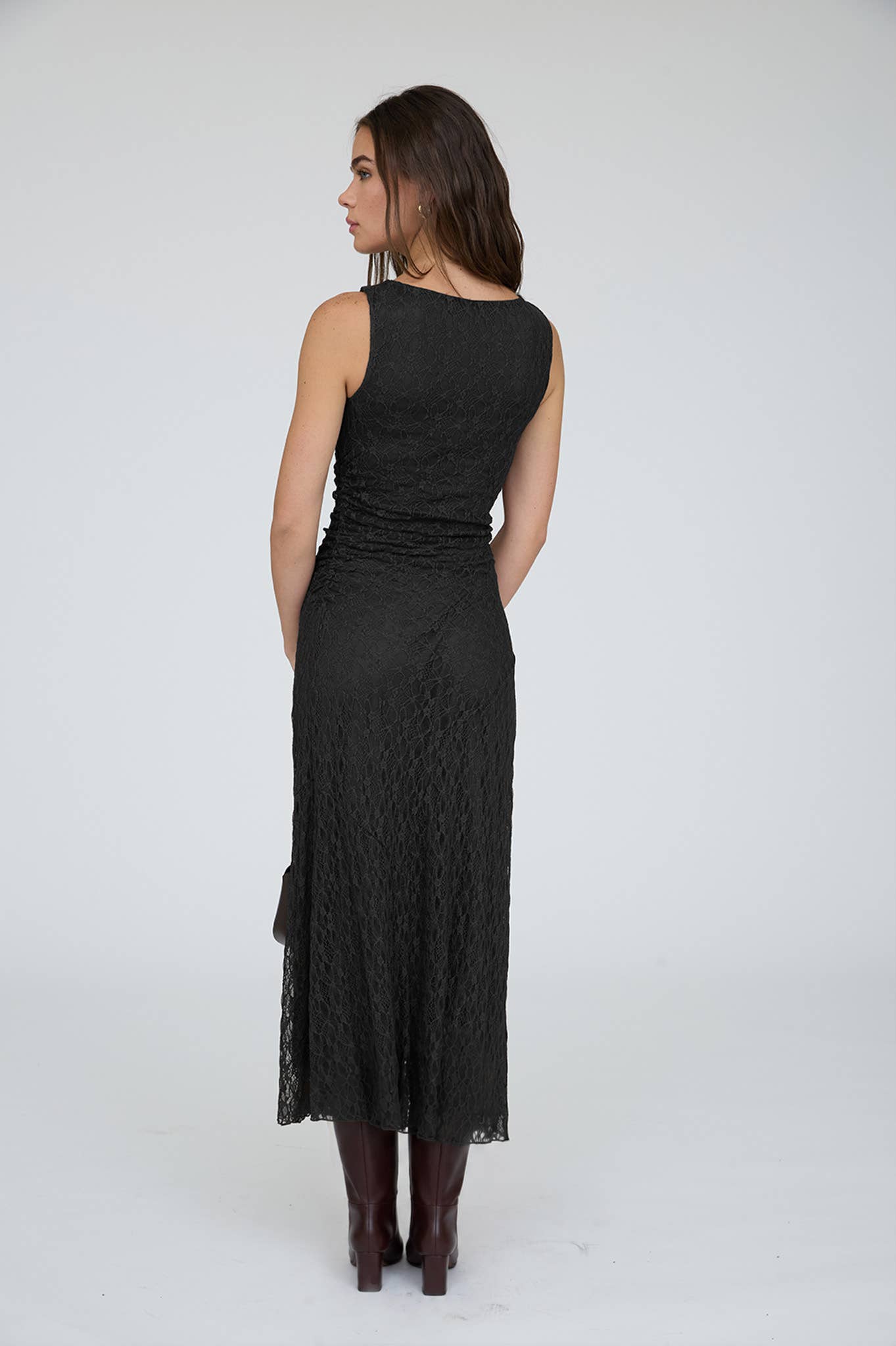 LACE RUCHED DETAIL TANK MIDI DRESS : DARK BROWN