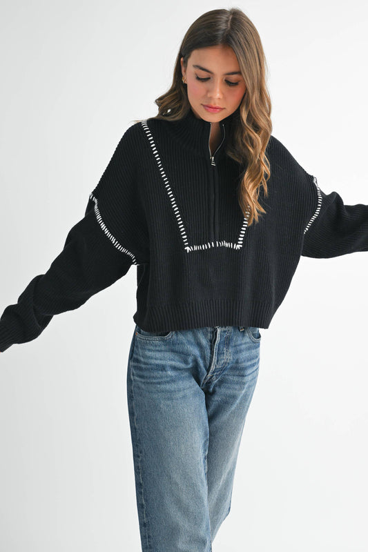 Chalet Contrast Stitch Quarter-Zip Sweater: Black / Contemporary