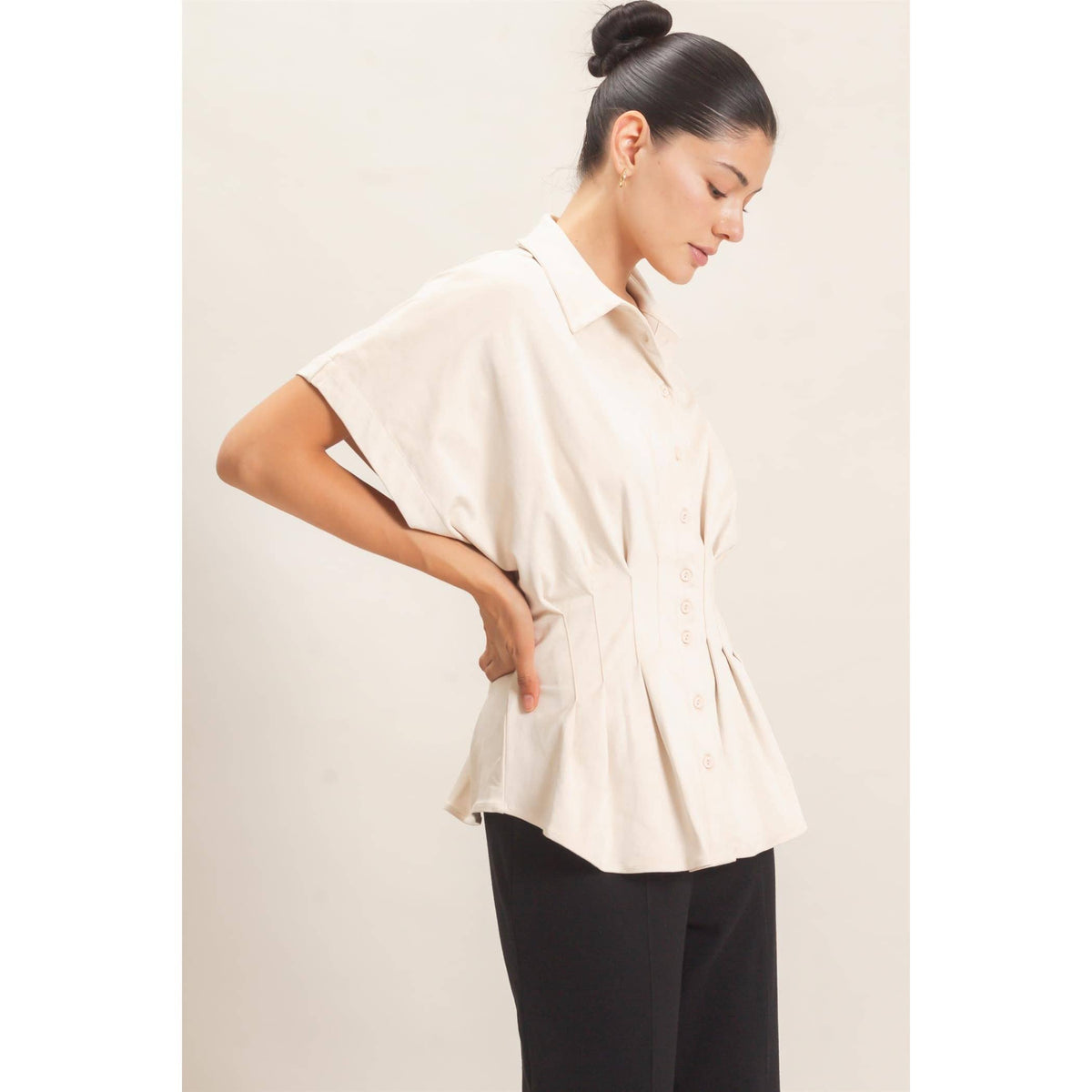 Suede Button-Down Blouse: CAMEL / S-M-L(2-2-2)