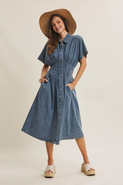 Caroline Stretchy Mineral-Washed Button-Down Pleated Denim Midi Dress: Light Wash