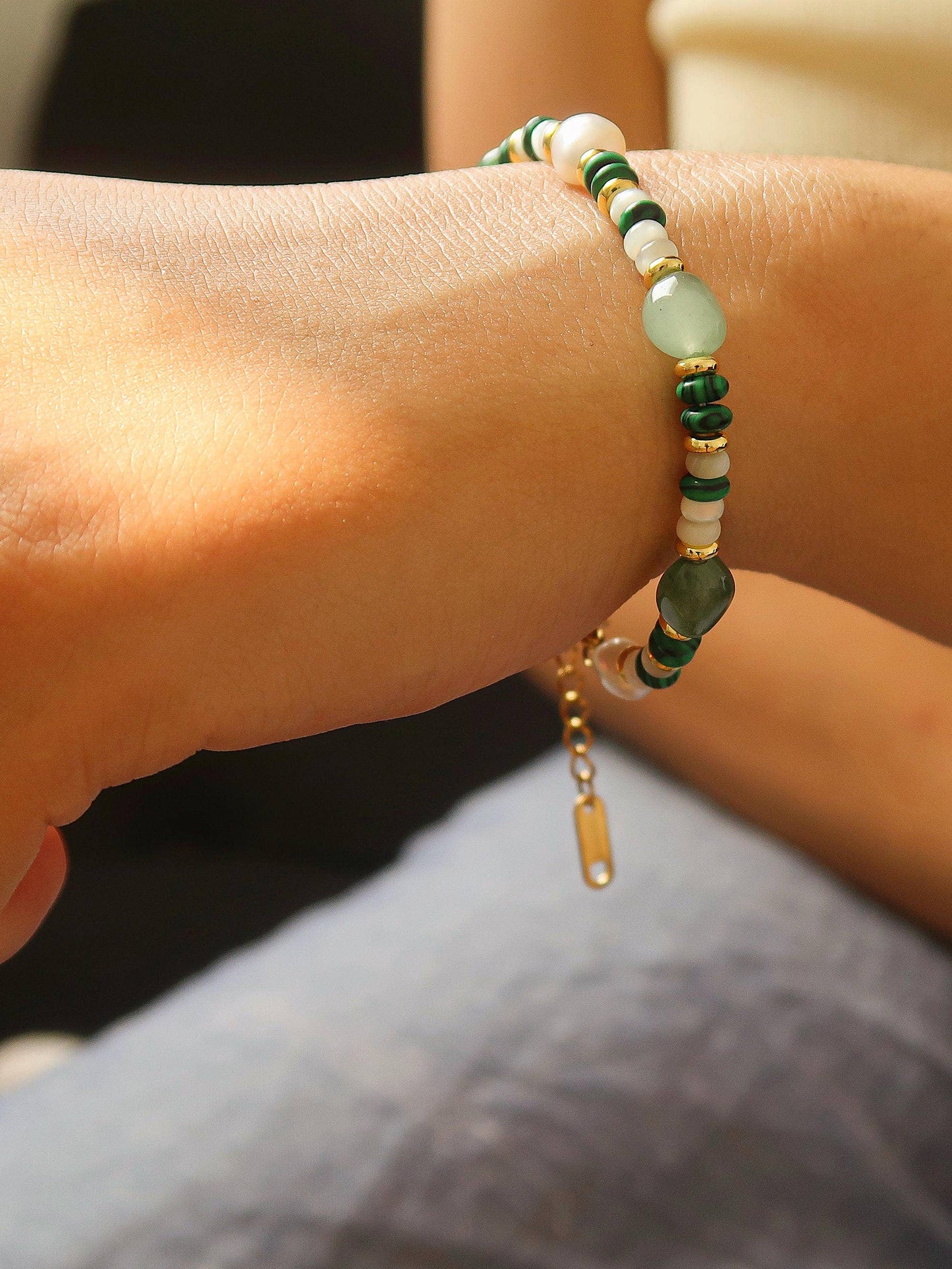 18K Bohemian Handmade Stone and Bead Bracelet: Faye-Green
