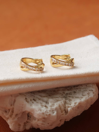 Maissac 18K Gold Non-Tarnish CZ Crossover Huggie Earrings: Yellow Gold
