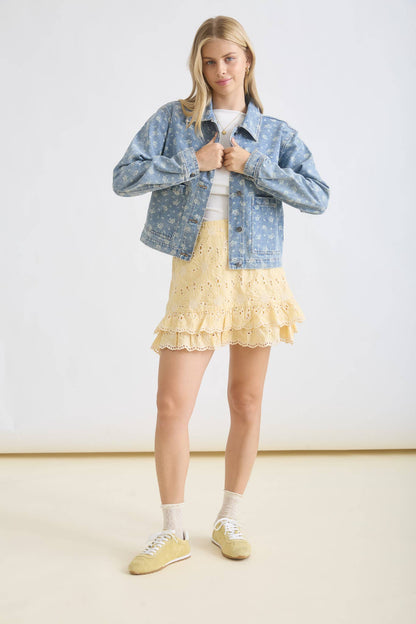 Sweetwater Floral Washed Denim Collared Button Down Jacket: Denim