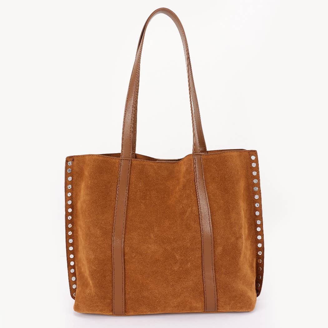 Imogen Studded Faux Suede Tote Bag: Camel