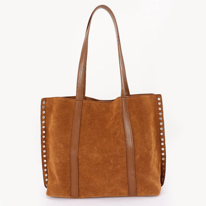 Imogen Studded Faux Suede Tote Bag: Camel