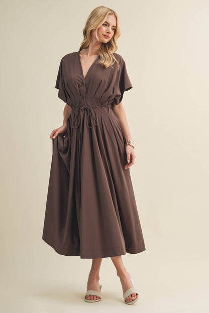 Drawstring Waist Dolman Sleeve Dress: COCOA POWDER