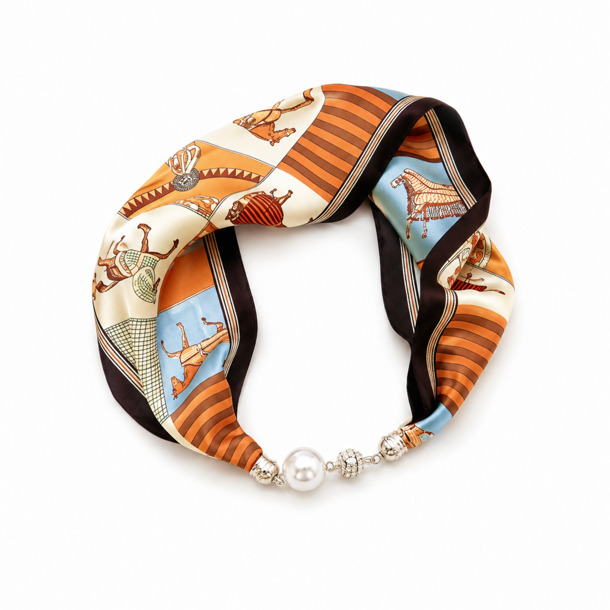 Satin Twilly Scarf Necklace with Jeweled Magnetic Clasp: Luxe Equestrian Print