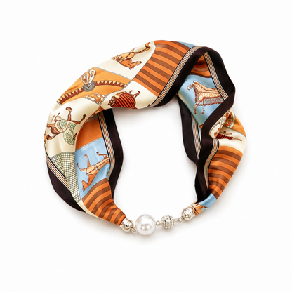 Satin Twilly Scarf Necklace with Jeweled Magnetic Clasp: Luxe Equestrian Print