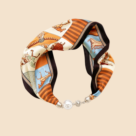 Satin Twilly Scarf Necklace with Jeweled Magnetic Clasp: Luxe Equestrian Print