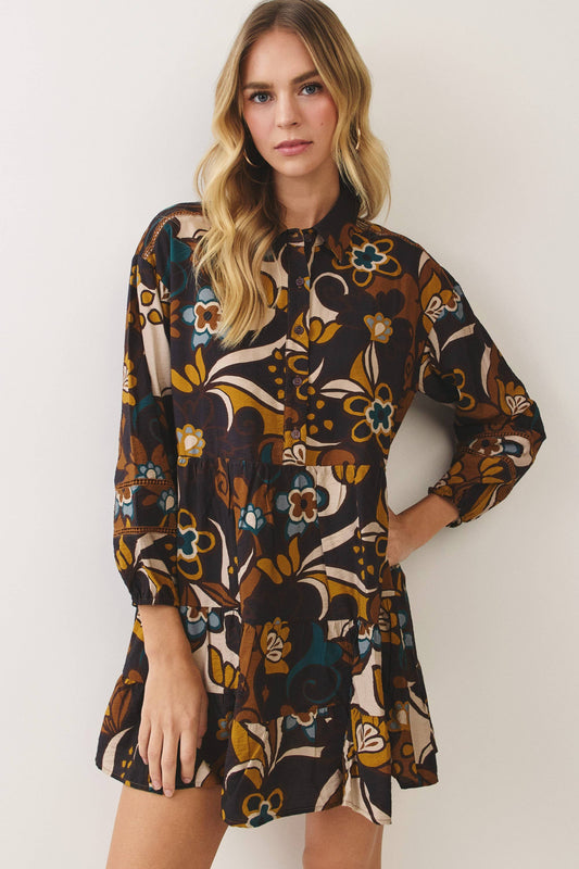 Trudy Retro Floral Tiered Shirt Dress: Multi