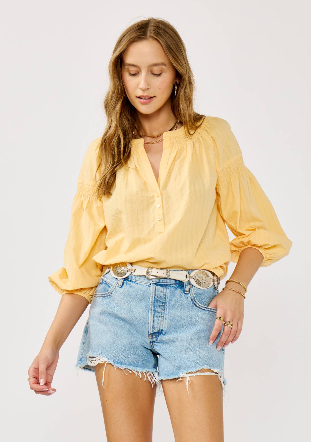 Yellow Jackets 3/4 Sleeve Smocked Henley Blouse: Yellow