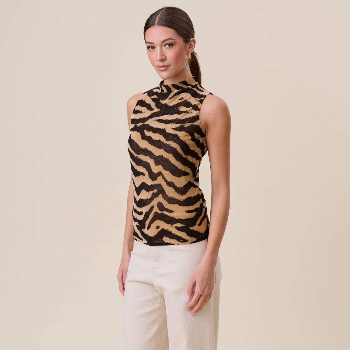 Zadie Sleeveless Mock Neck Zebra Print Top: Taupe & Black