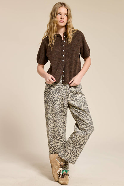 Short Sleeve Button Down Cardigan Top: Tangerine / M