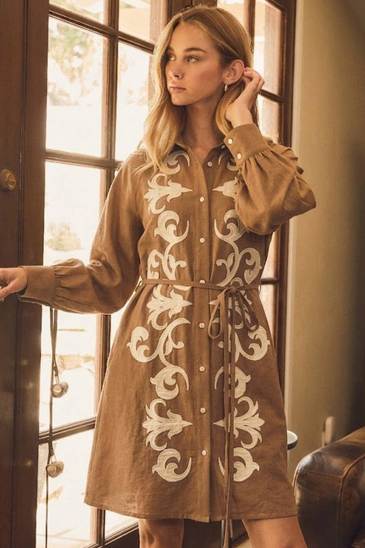 Elodie Embroidered Long Sleeve Tie-Waist Shirt Mini Dress: Camel