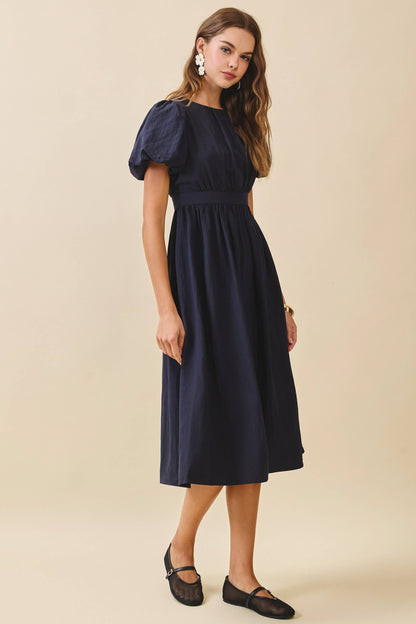 Voluminous Puff Sleeves Gathered Bodice Midi Dress: Navy