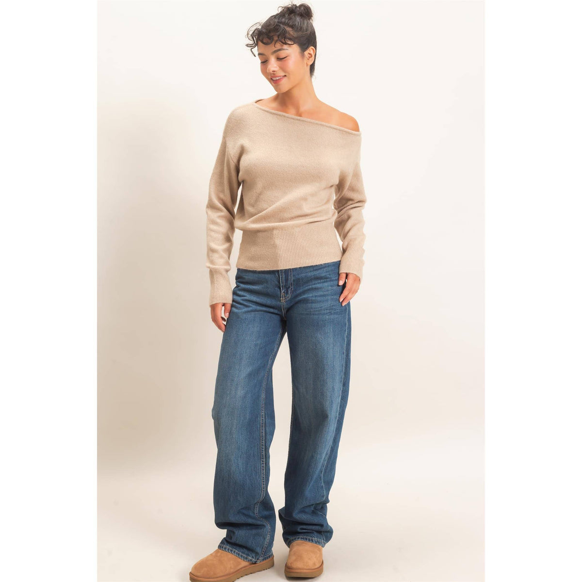 Off The Shoulder Sweater Top: TAUPE / S-M-L(2-2-2)