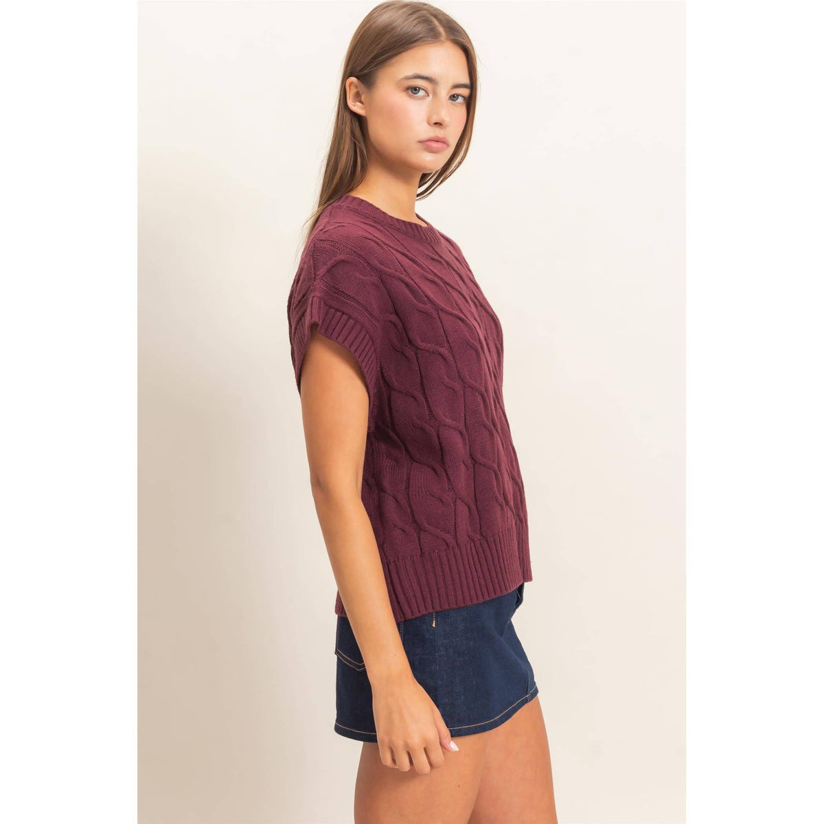Sylvia Cable Knit Crew Neck Cap Sleeve Sweater: Dark Cherry