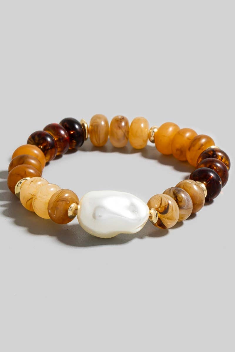 Wide Marble Resin And Metallic Disc Beaded Bracelet: Brown