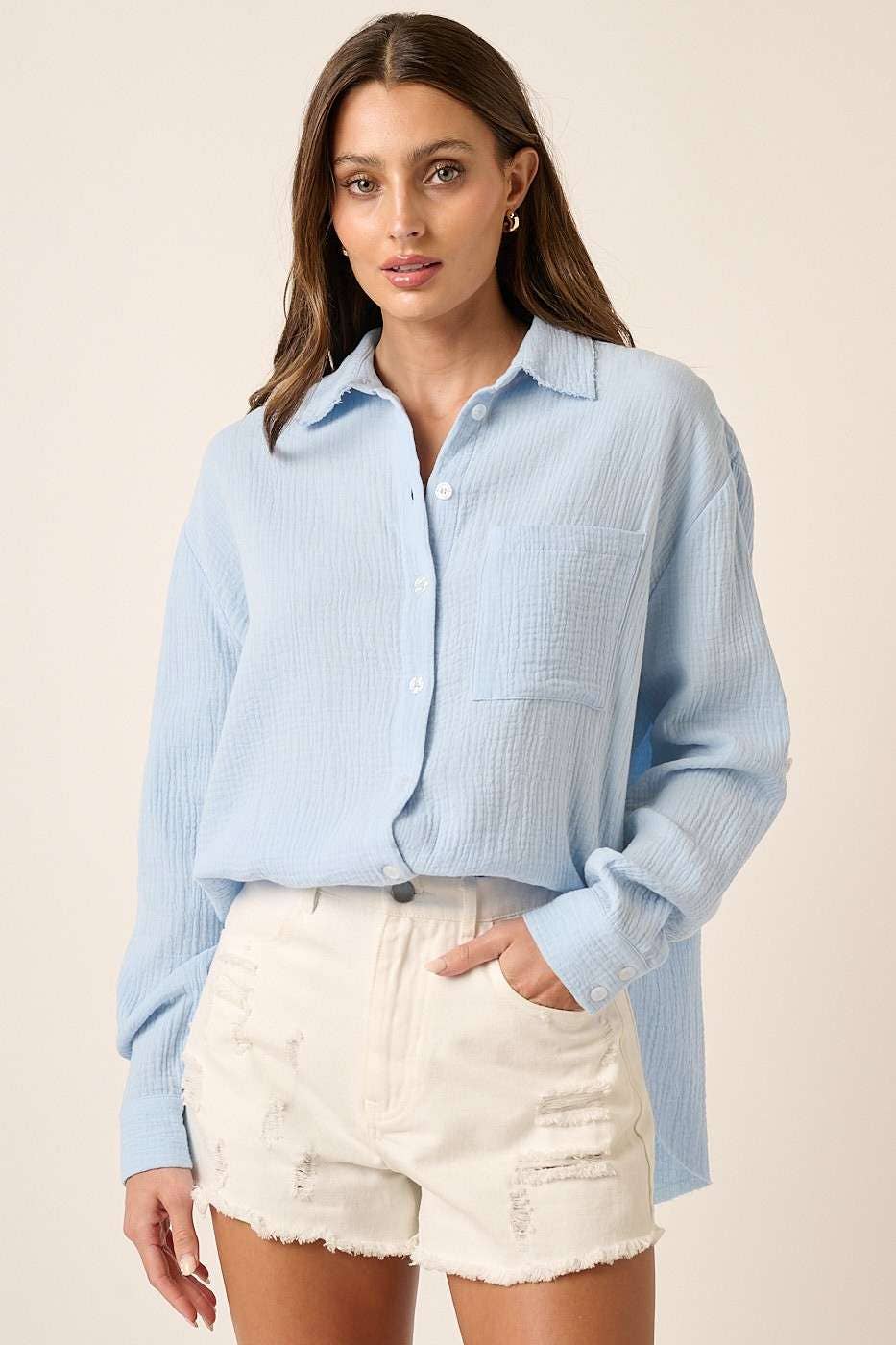 Pier Gauze Collared Button Down Shirt: Baby Blue