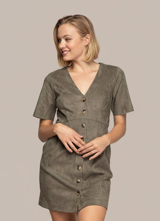 Darby Suede V-Neck Button-Down Mini Dress: Khaki