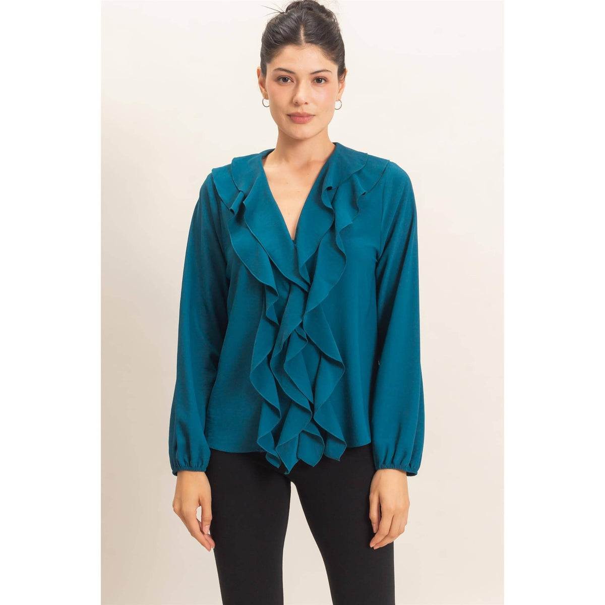 Ruffled V-Neck Button-Up Blouse: TEAL / S-M-L(2-2-2)