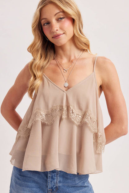 Audra Lace Trimmed V-Neck Layer Camisole Top: Beige