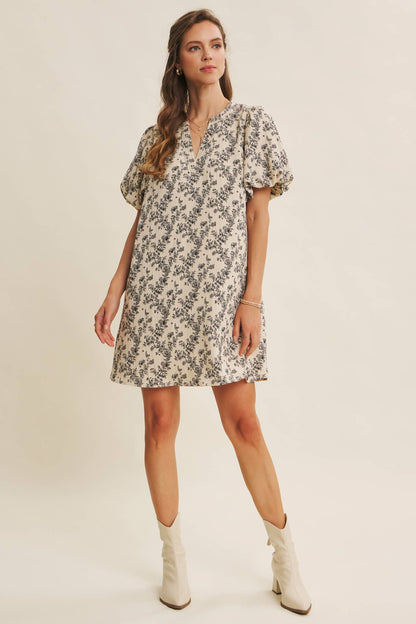 Patsy Textured Floral Mini A-Line Dress with Bubble Sleeves: Vanilla