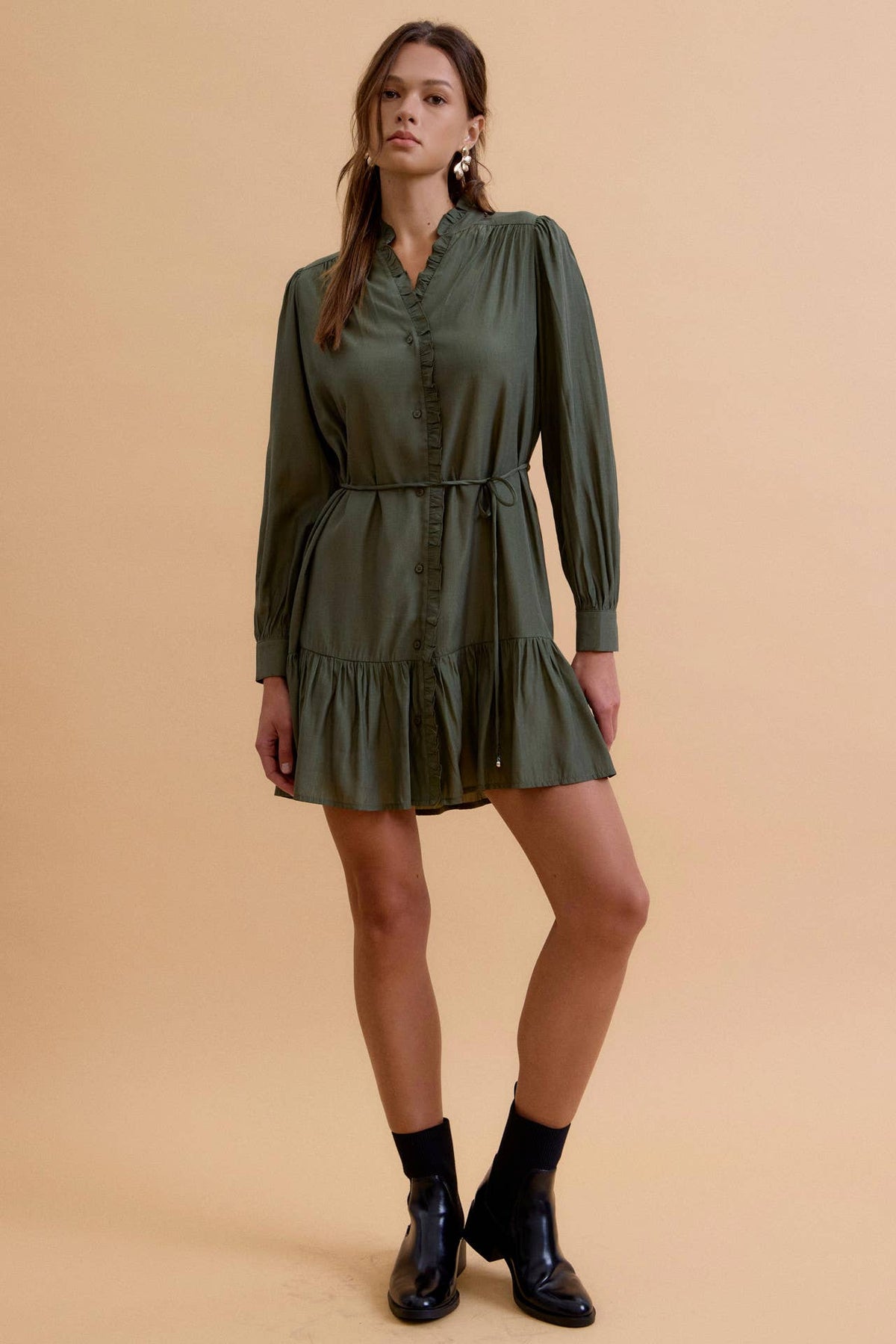 Avie Ruffled Mini Shirt Dress: Pine Green
