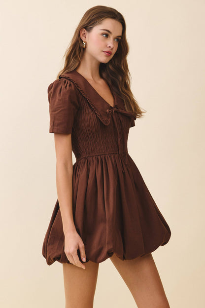 Lila Short Puff Sleeve Shirred Bodice Bubble Dress: Brown