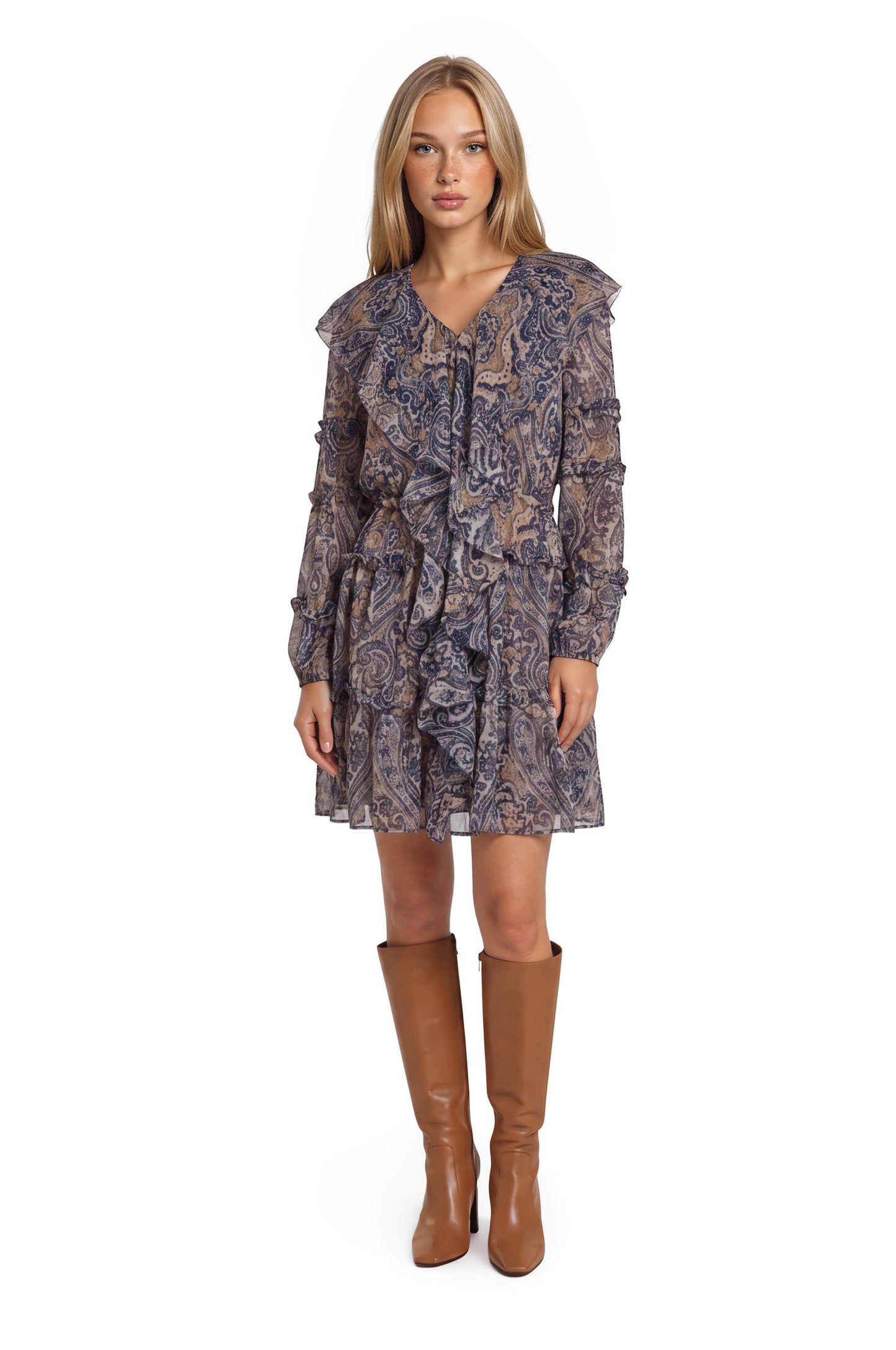 RUFFLE MINI DRESS-NAVY MULTI