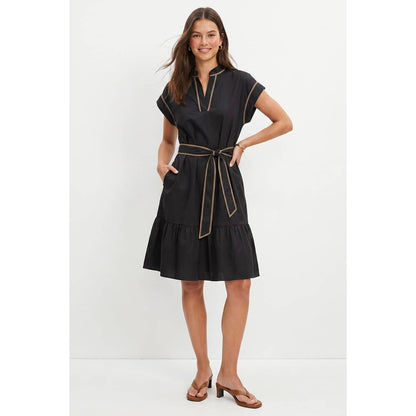 Short Sleeve Contrast Piping Mini Dress: Black