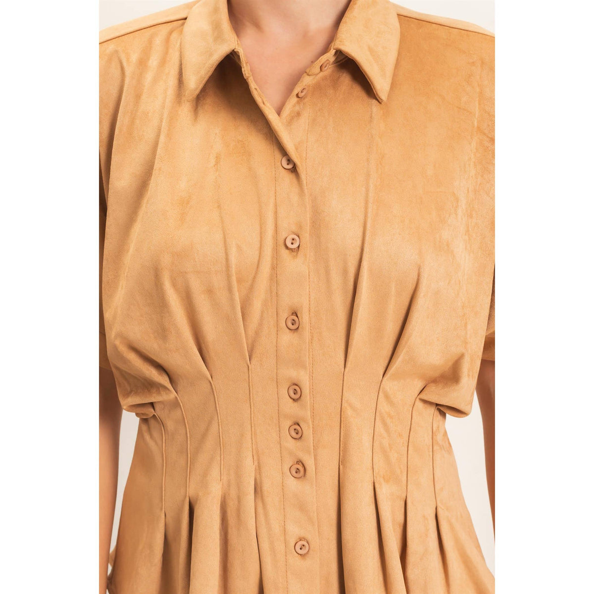 Suede Button-Down Blouse: CAMEL / S-M-L(2-2-2)