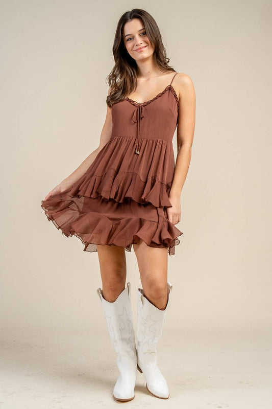 Georgia Tiered Mini Dress: Brown