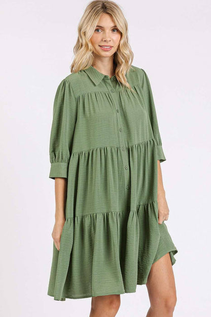 AIRFLOW RUFFLE TIER BUTTONED MINI SHIRT DRESS: SAGE / S-M-L(2-2-2)