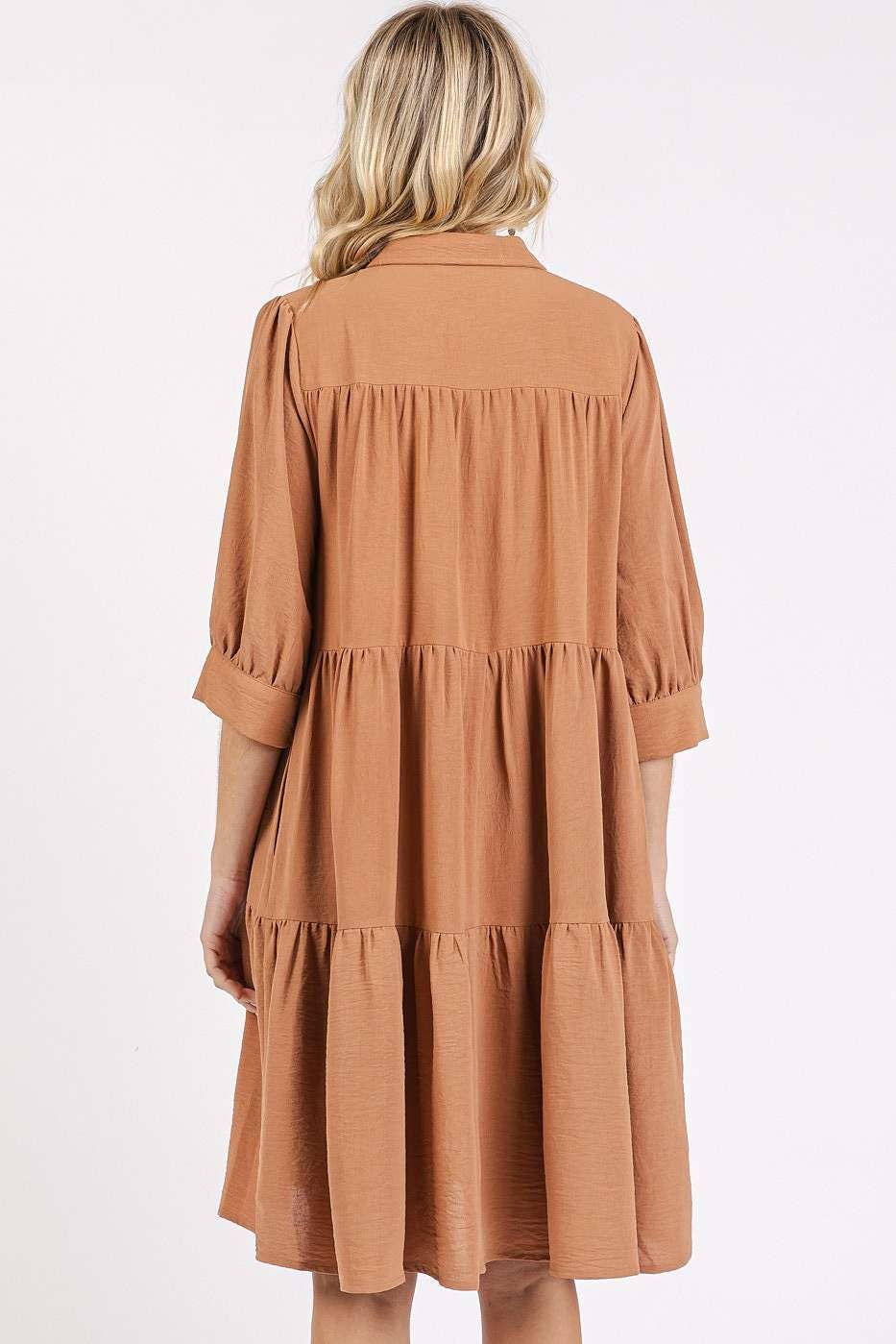 AIRFLOW RUFFLE TIER BUTTONED MINI SHIRT DRESS: SAGE / S-M-L(2-2-2)
