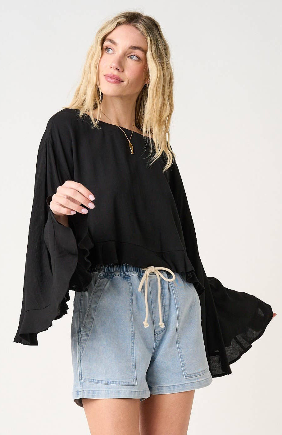 Sundance Flowy Butterfly Sleeve Ruffle Top: Black