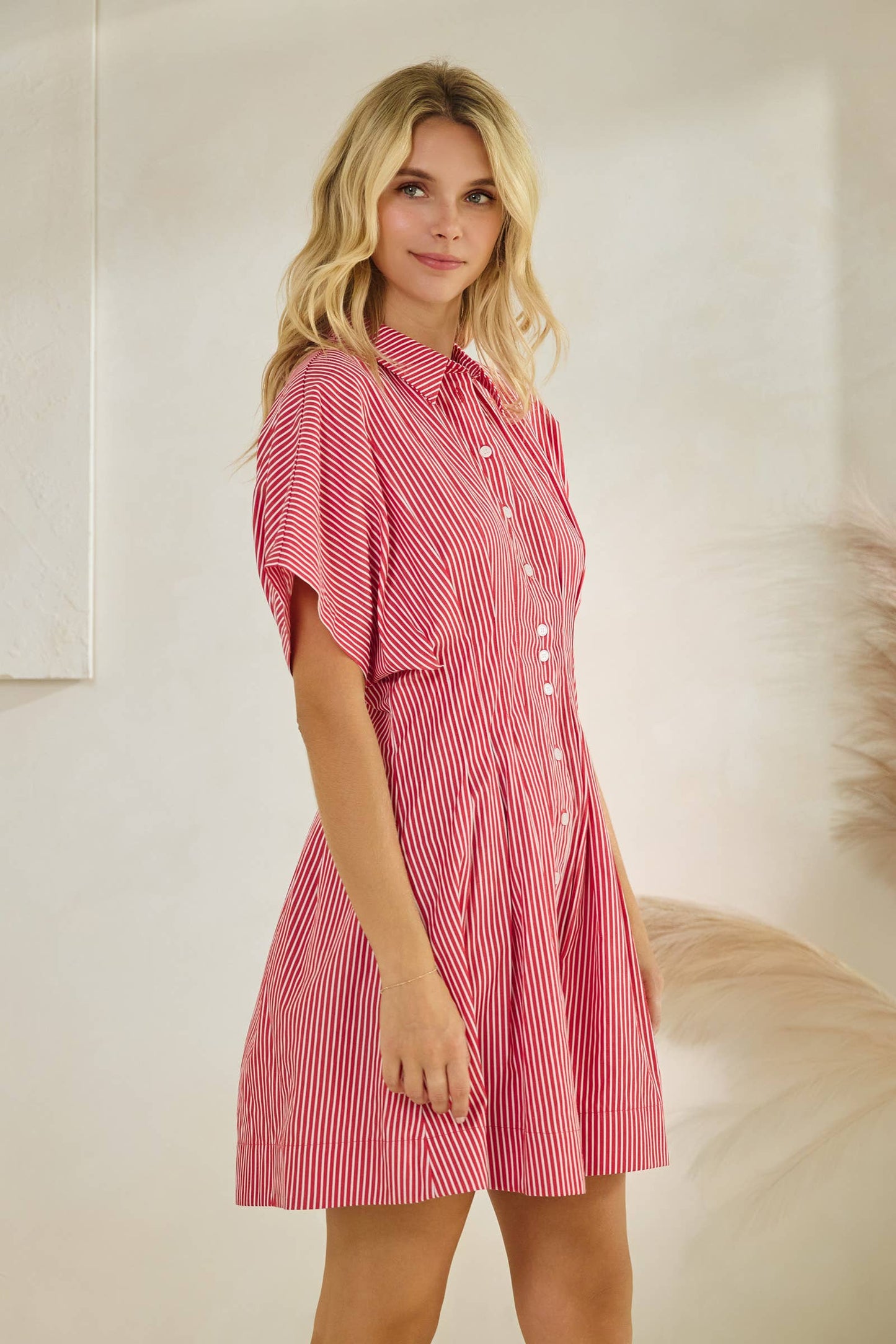 Harlow Button Down Pleated Shirt Stripe Dress: Red Stripe